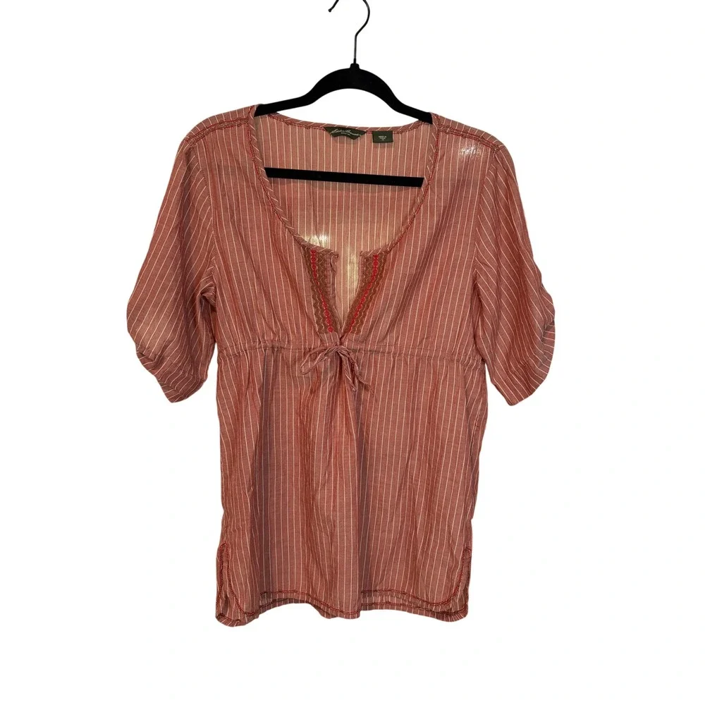 Eddie Bauer Women XS Red White Striped‎ Cotton Boho Embroidered Tunic Top